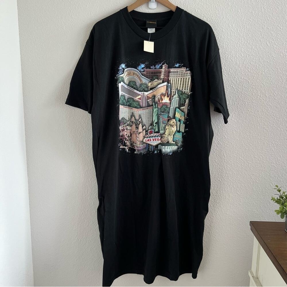 NWT Deadstock Vintage MGM Grand T-Shirt Dress Mirage Scene Las Vegas Strip Black